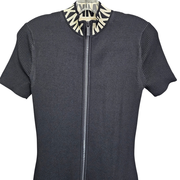 Nwot Michael Kors Black Ribbed Knit MK Logo Neckline Shortsleeve Zipfront Dress - Picture 6 of 17